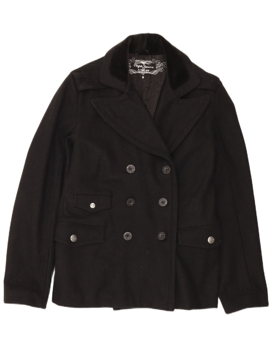 PEPE JEANS Womens Pea Coat UK 10 Small Black Wool