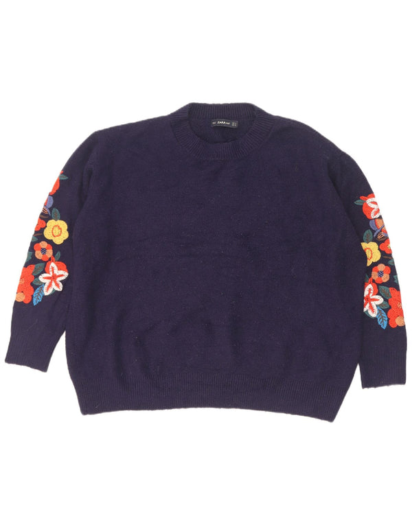 Zara Γυναικείο πουλόβερ με λαιμόκοψη UK 14 Medium Navy Blue Floral
