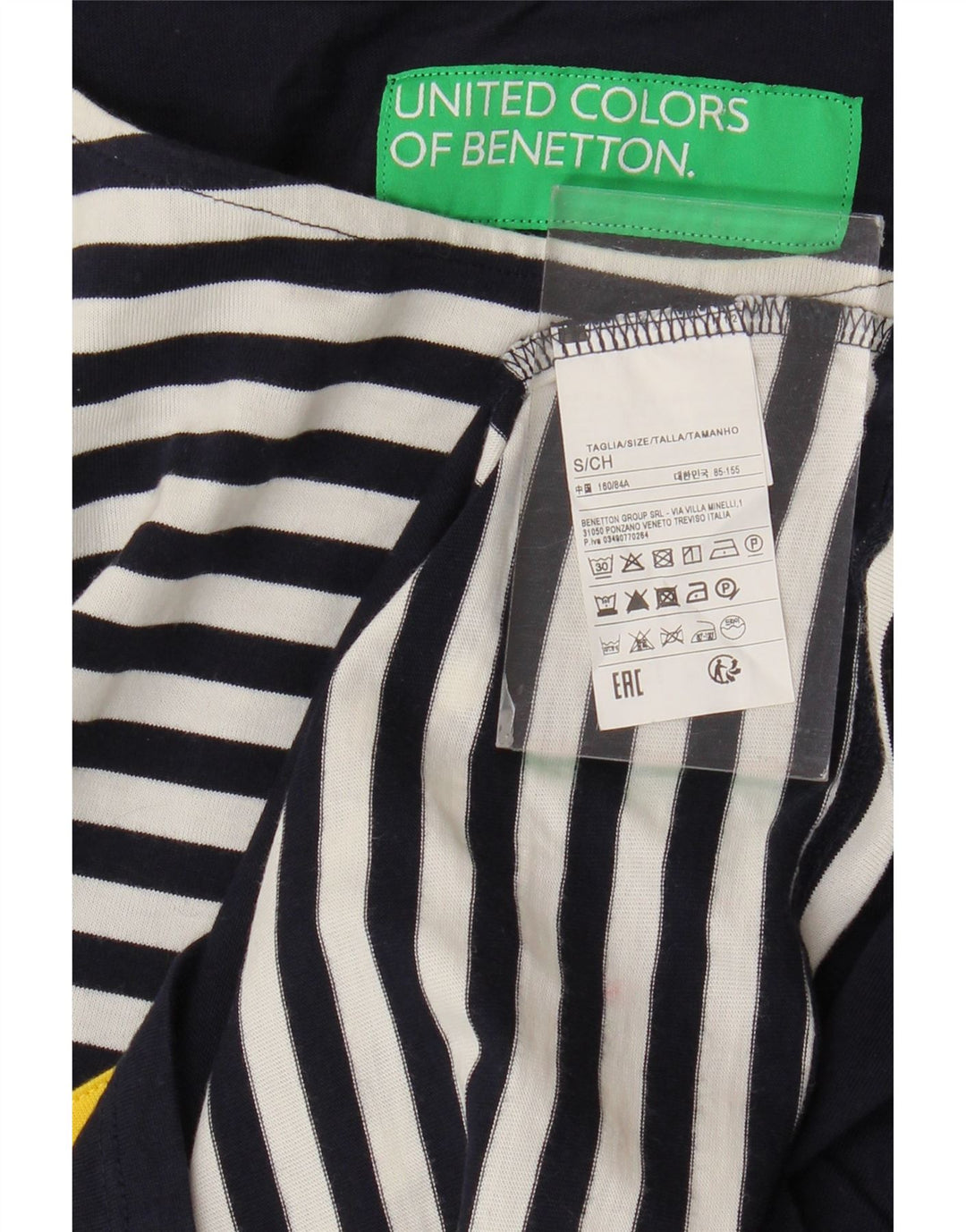 BENETTON Γυναικείο μπλουζάκι υπερμεγέθη τοπ UK 10 Small Navy Blue ριγέ βαμβακερό