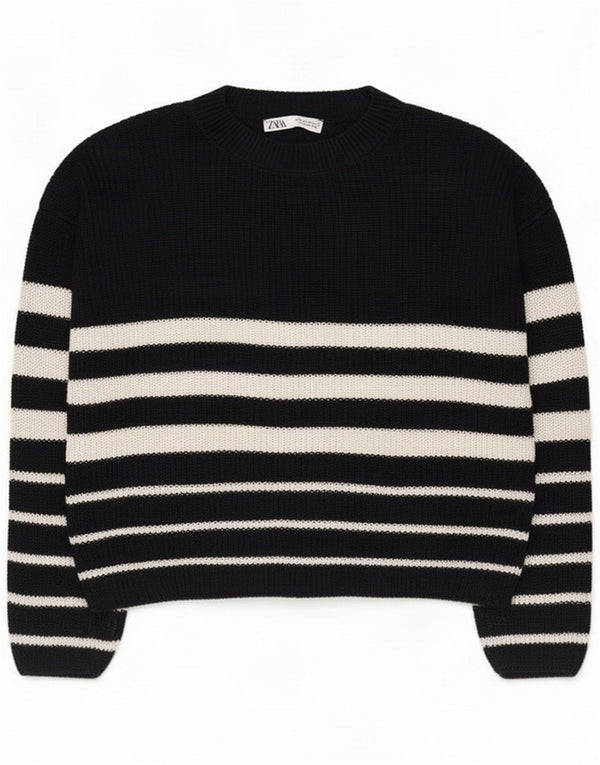 Zara Womens Crew Neck Jumper πουλόβερ UK 14 Medium Navy Blue Striped