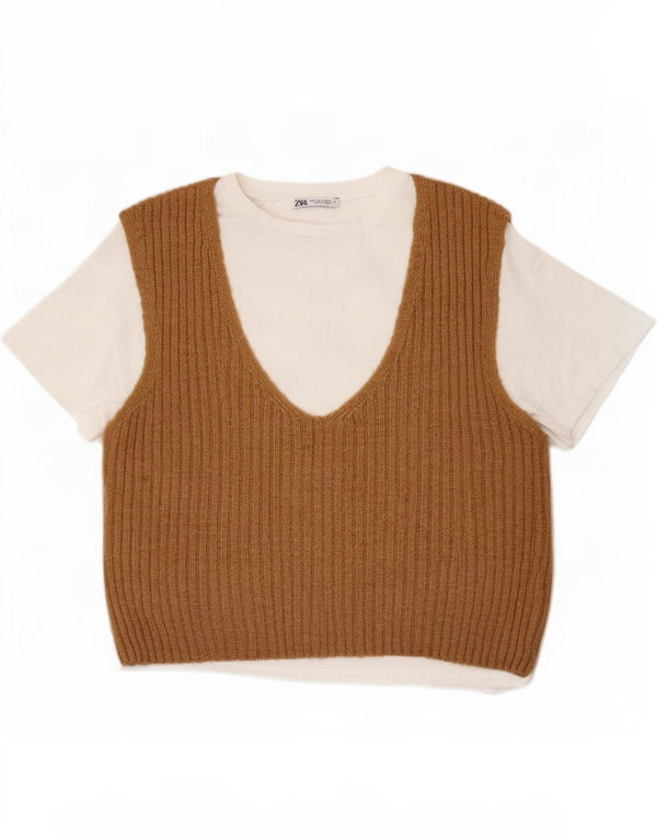 Zara Γυναικεία Μπλούζα Τοπ UK 10 Small Brown Colourblock Βαμβακερό