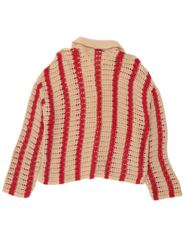 Zara Γυναικείο πουλόβερ με βελονάκι ζακέτα UK 10 Small Beige ριγέ