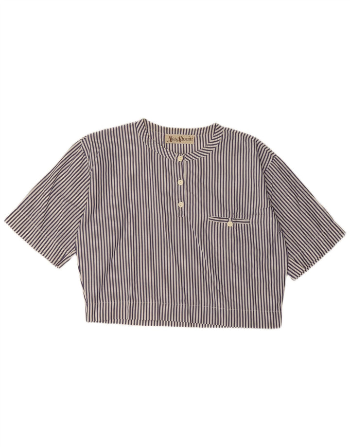 VINTAGE Γυναικεία Crop Μπλούζα Τοπ UK 14 Large Navy Blue Pinstripe