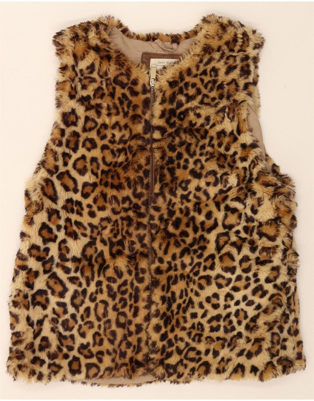 ZARA Girls Faux Fur Gilet 13-14 Years Brown Animal Print Polyester