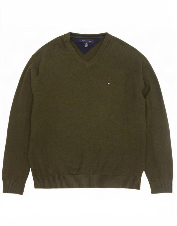 Ανδρικό πουλόβερ Tommy Hilfiger με V λαιμόκοψη XL Χακί βαμβακερό
