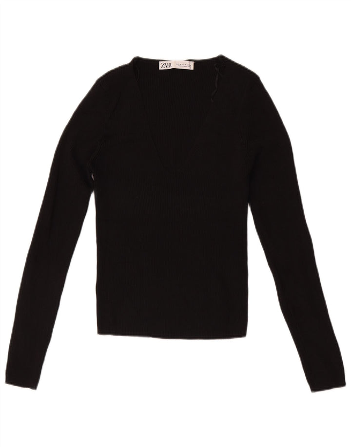 Zara Γυναικείο Crop Top μακρυμάνικο UK 12 μεσαία μαύρη βισκόζη