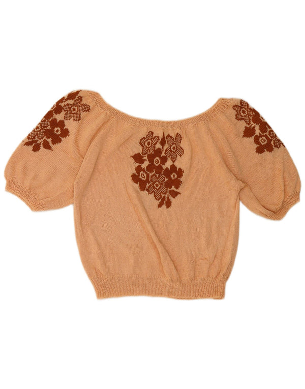 Vintage Γυναικείο Knit Crop Off Shoulder Top UK 14 Medium Pink Floral
