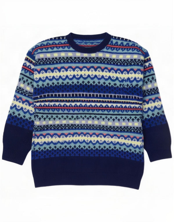 Vintage Mens Crew Neck Jumper πουλόβερ Small Blue Fair Isle