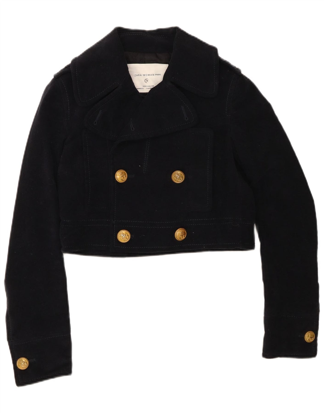 Zara Γυναικείο Crop Double Breasted Bomber Jacket UK 6 XS Navy Blue Cotton