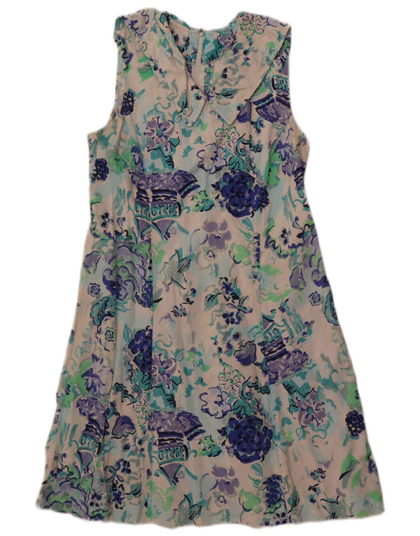 Vintage γυναικείο αμάνικο φόρεμα A-Line UK 12 Medium Off White Floral