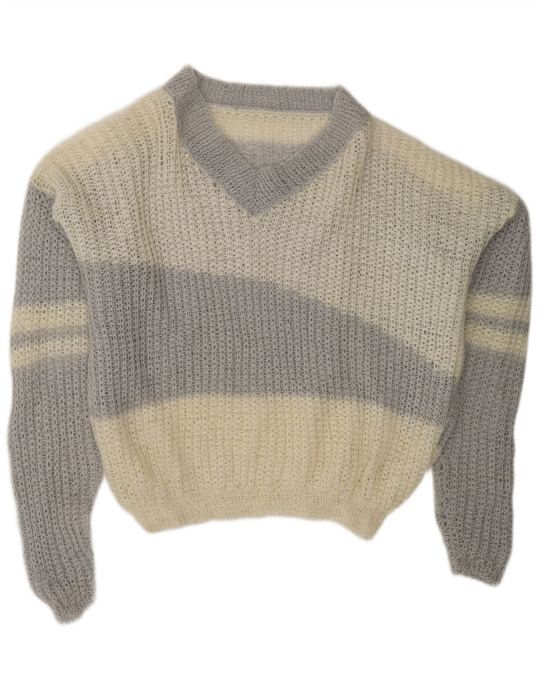 VINTAGE Γυναικείο πουλόβερ με λαιμόκοψη UK 20 2XL Off White Colourblock