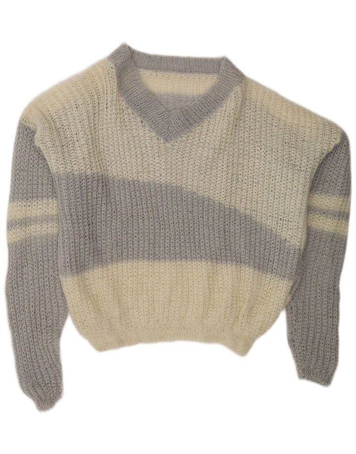 VINTAGE Γυναικείο πουλόβερ με λαιμόκοψη UK 20 2XL Off White Colourblock