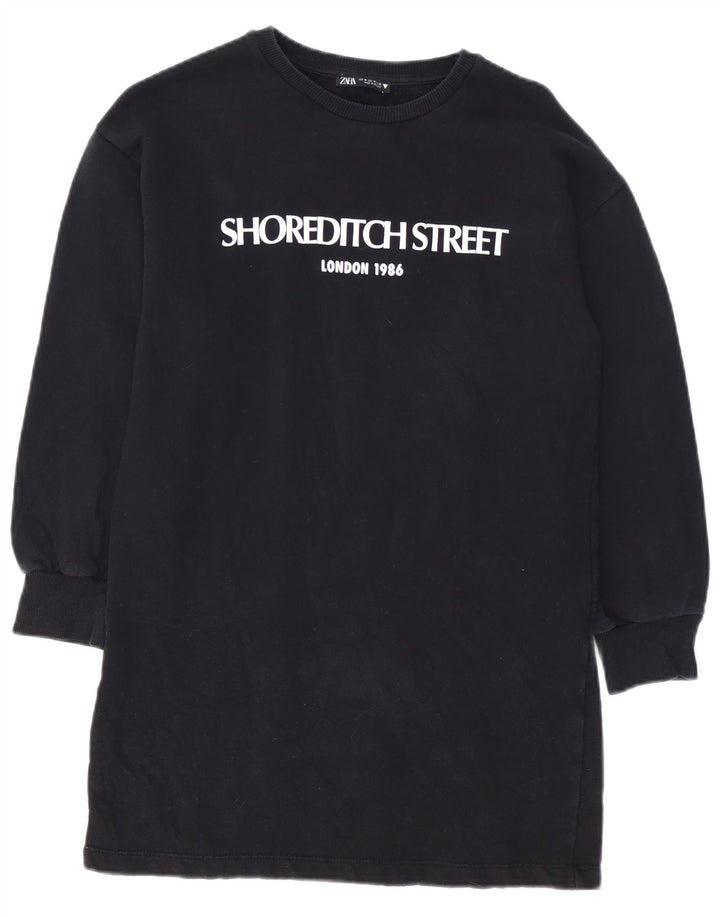 Γυναικείο γραφικό φούτερ ZARA φόρεμα UK 14 μεσαίο μαύρο βαμβακερό