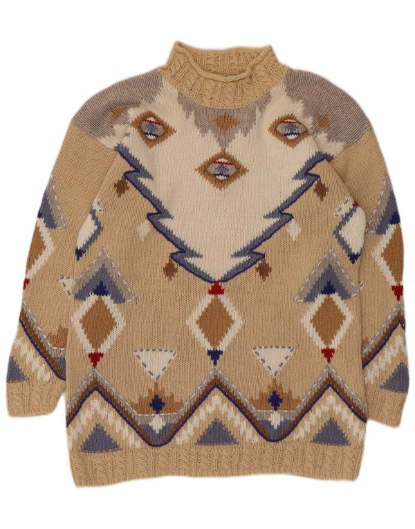 Vintage γυναικείο πουλόβερ με λαιμό χελώνα UK 10/12 Small Beige Geometric