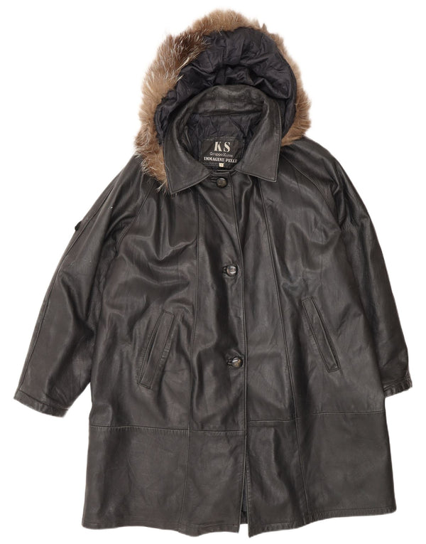 Kiros Γυναικείο Δερμάτινο Παλτό Oversized με Κουκούλα IT 48 XL Μαύρο
