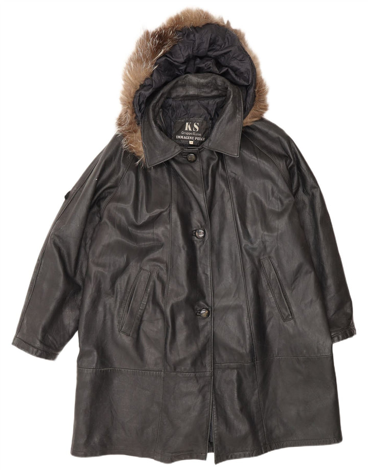 Kiros Γυναικείο Δερμάτινο Παλτό Oversized με Κουκούλα IT 48 XL Μαύρο