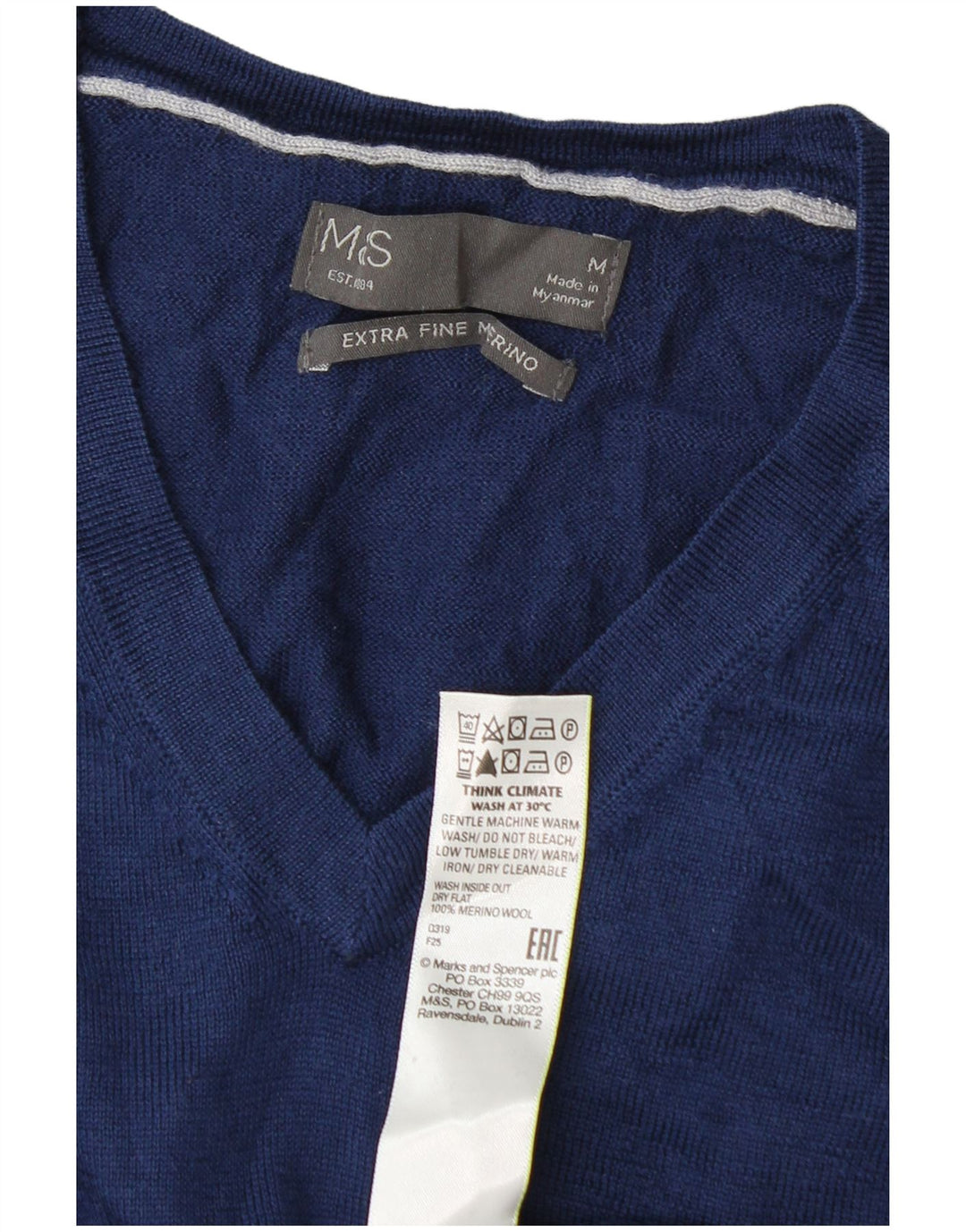 Marks & Spencer Ανδρικό πουλόβερ με λαιμόκοψη με λαιμόκοψη μεσαίου μπλε μαλλί