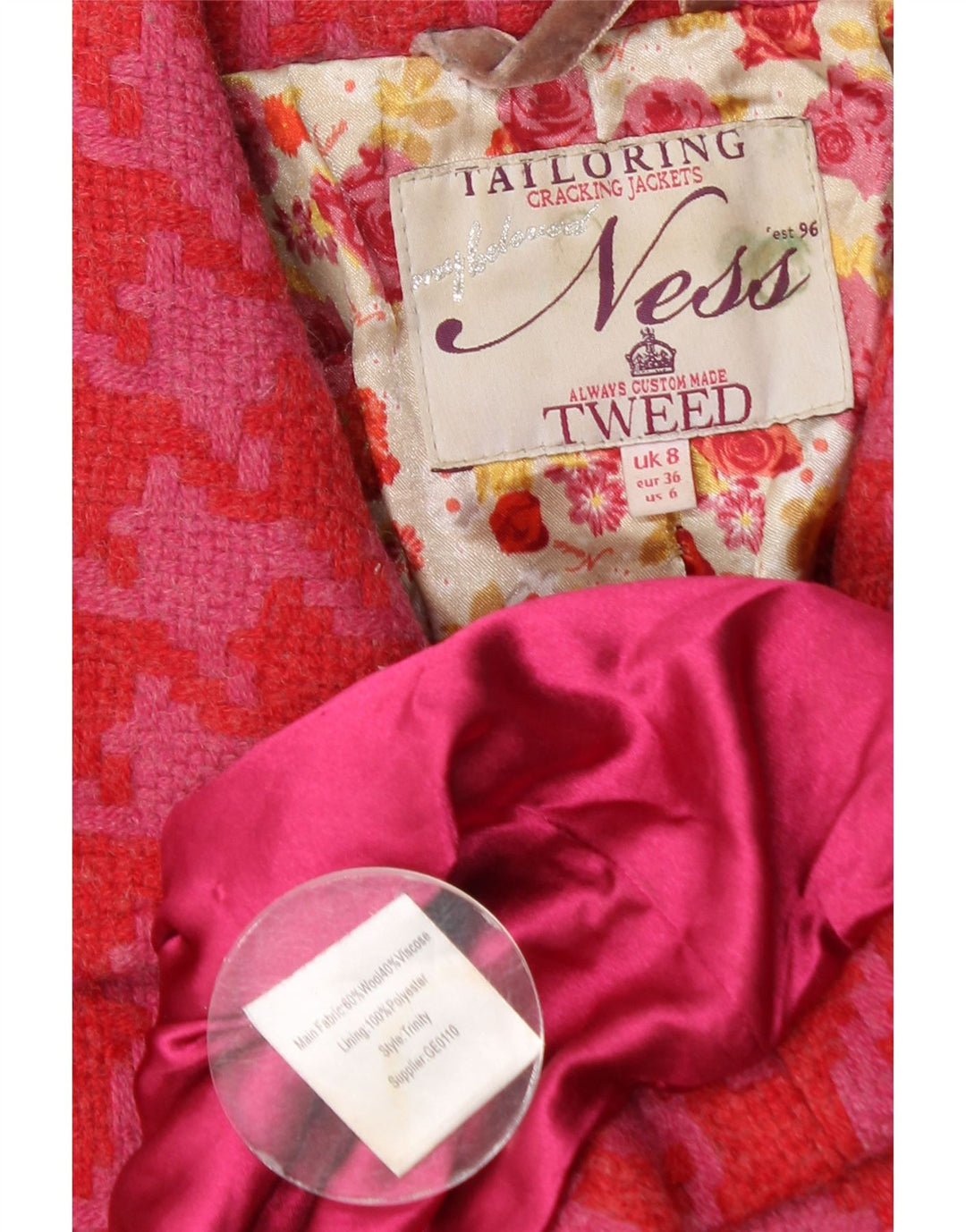 Ness Γυναικείο παλτό Duffle UK 8 Small Pink Houndstooth Wool