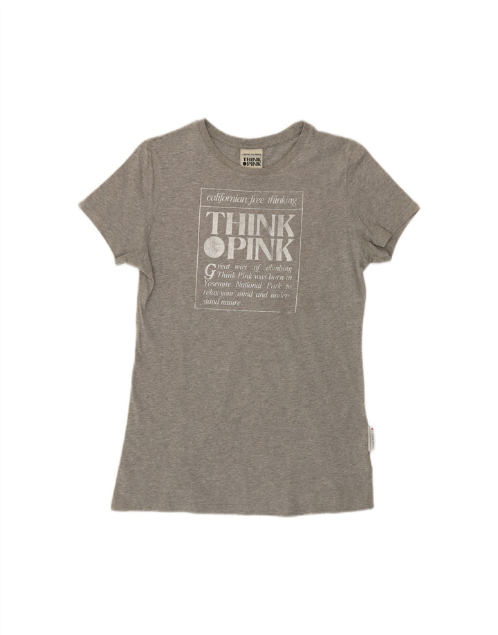 THINK PINK Womens Graphic T-Shirt Top UK 12 Medium Grey