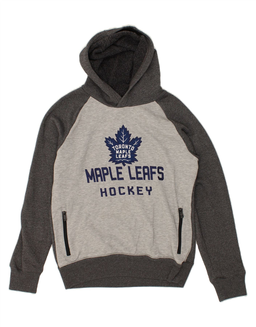 NFL Womens Maple Leafs Graphic Hoodie Jumper UK 14 Medium Grey Colourblock Vintage NFL and Second-Hand NFL from Messina Hembry 