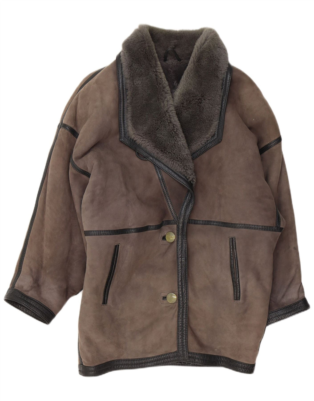Vintage Γυναικείο Oversized Παλτό Shearling UK 20 2XL Γκρι δέρμα