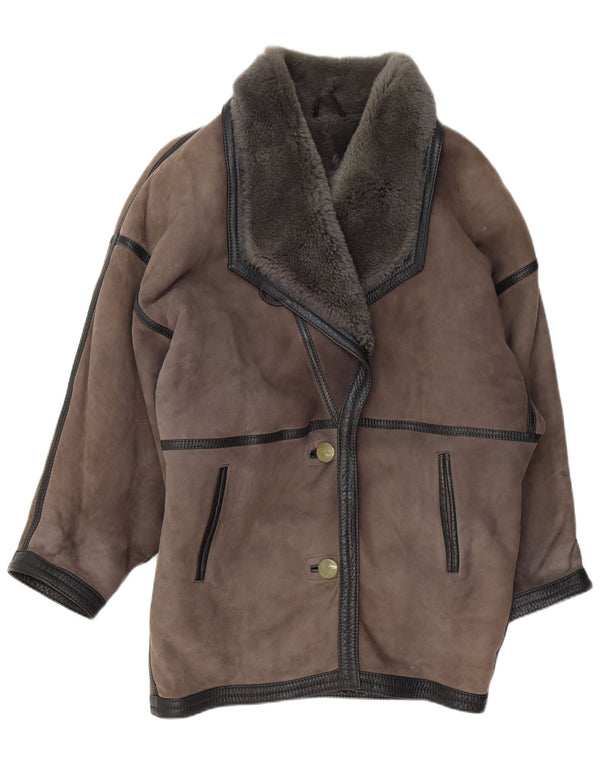 Vintage Γυναικείο Oversized Παλτό Shearling UK 20 2XL Γκρι δέρμα