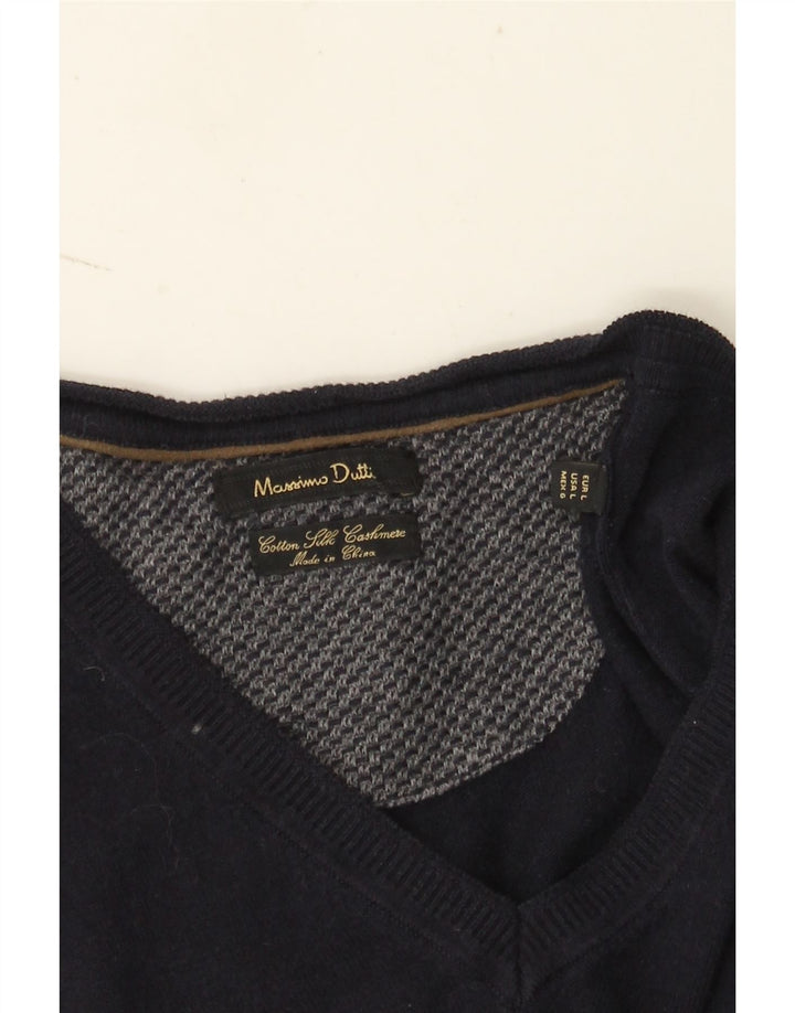 Massimo Dutti Ανδρικό πουλόβερ με λαιμόκοψη με V λαιμόκοψη Μεγάλο μπλε βαμβακερό