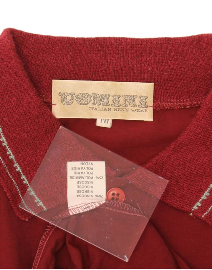 VINTAGE Mens Polo Shirt Medium Burgundy Geometric Viscose