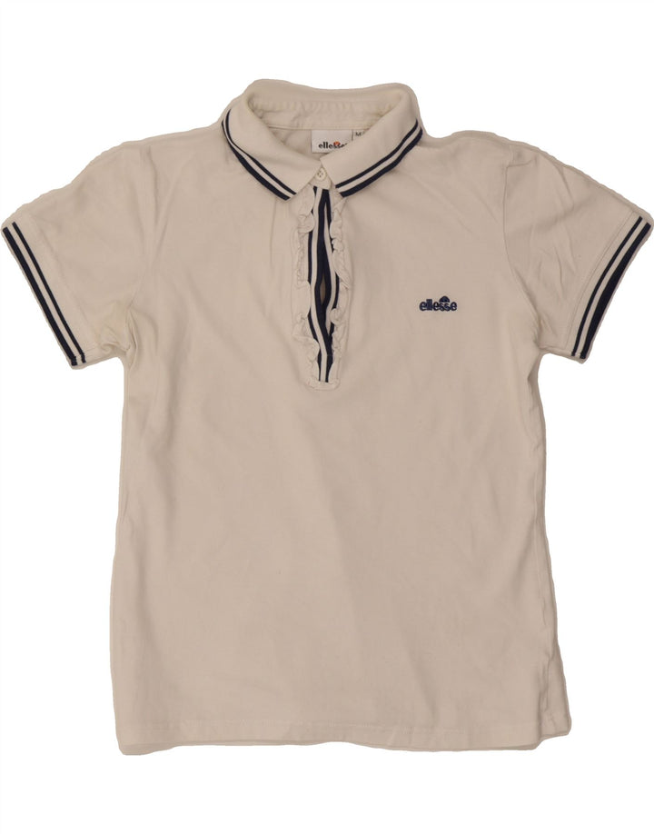 ELLESSE Womens Ruffle Front Polo Shirt UK 12 Medium Off White Cotton Vintage Ellesse and Second-Hand Ellesse from Messina Hembry 