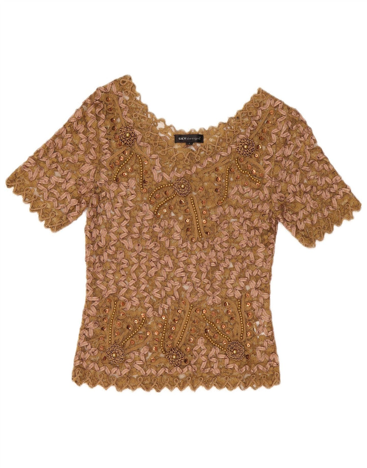 Sky Design Γυναικεία Δαντελένια Μπλούζα Top US 1 XS Beige Floral Polyester