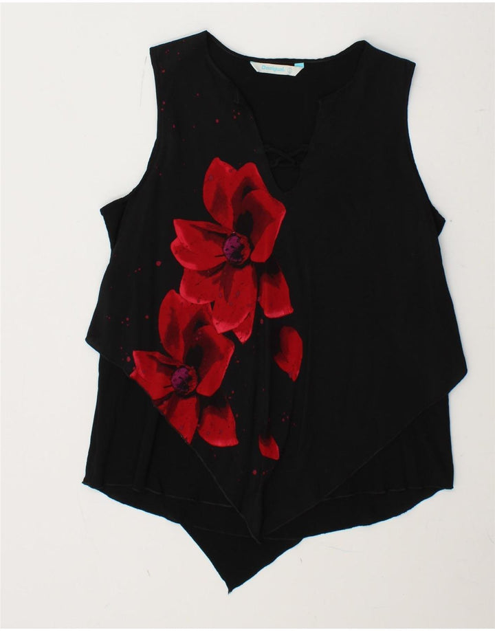 DESIGUAL Γυναικεία Αμάνικη Μπλούζα Τοπ UK 14 Large Black Floral