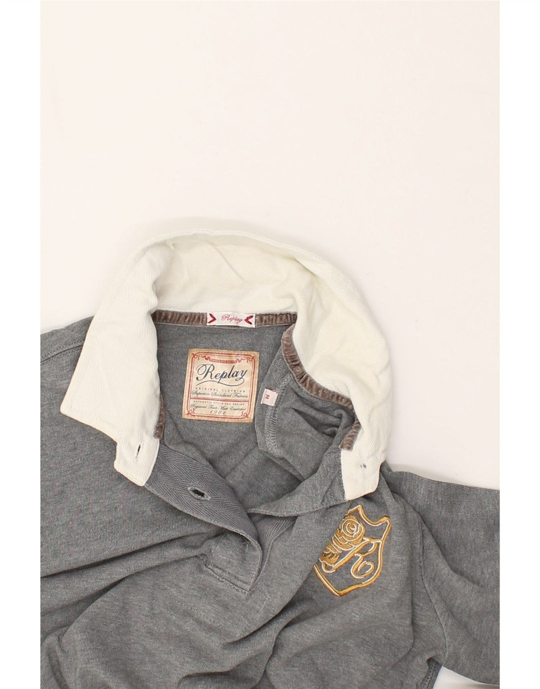 REPLAY Womens Long Sleeve Polo Shirt UK 14 Medium Grey Cotton | Vintage Replay | Thrift | Second-Hand Replay | Used Clothing | Messina Hembry 