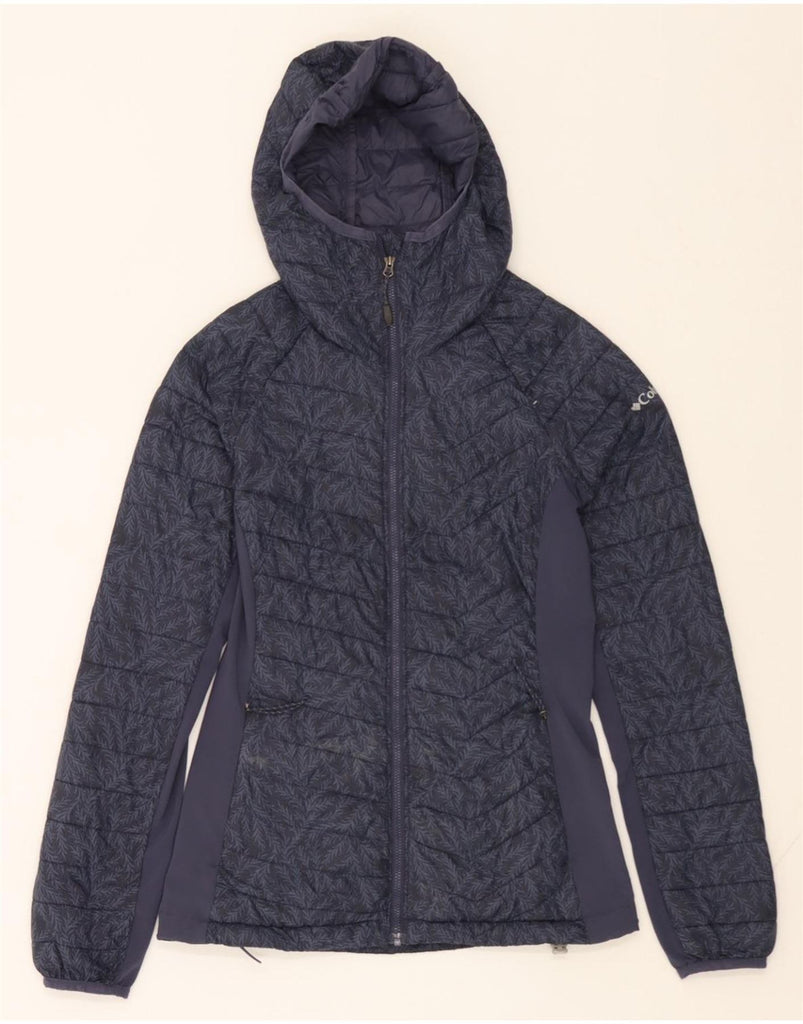 COLUMBIA Womens Hooded Padded Jacket UK 6 XS Navy Blue Floral Nylon Vintage Columbia and Second-Hand Columbia from Messina Hembry 