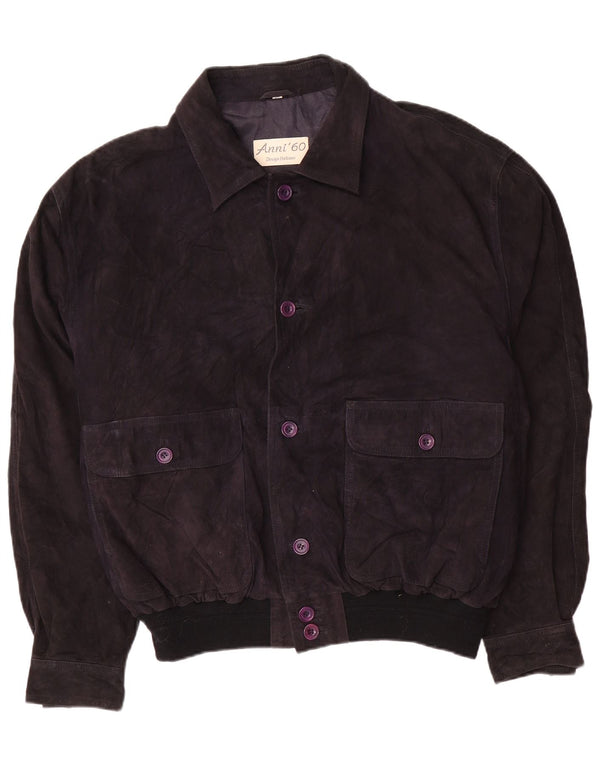 Vintage Ανδρικό Suede Bomber Jacket IT 58 4XL Navy Blue Leather