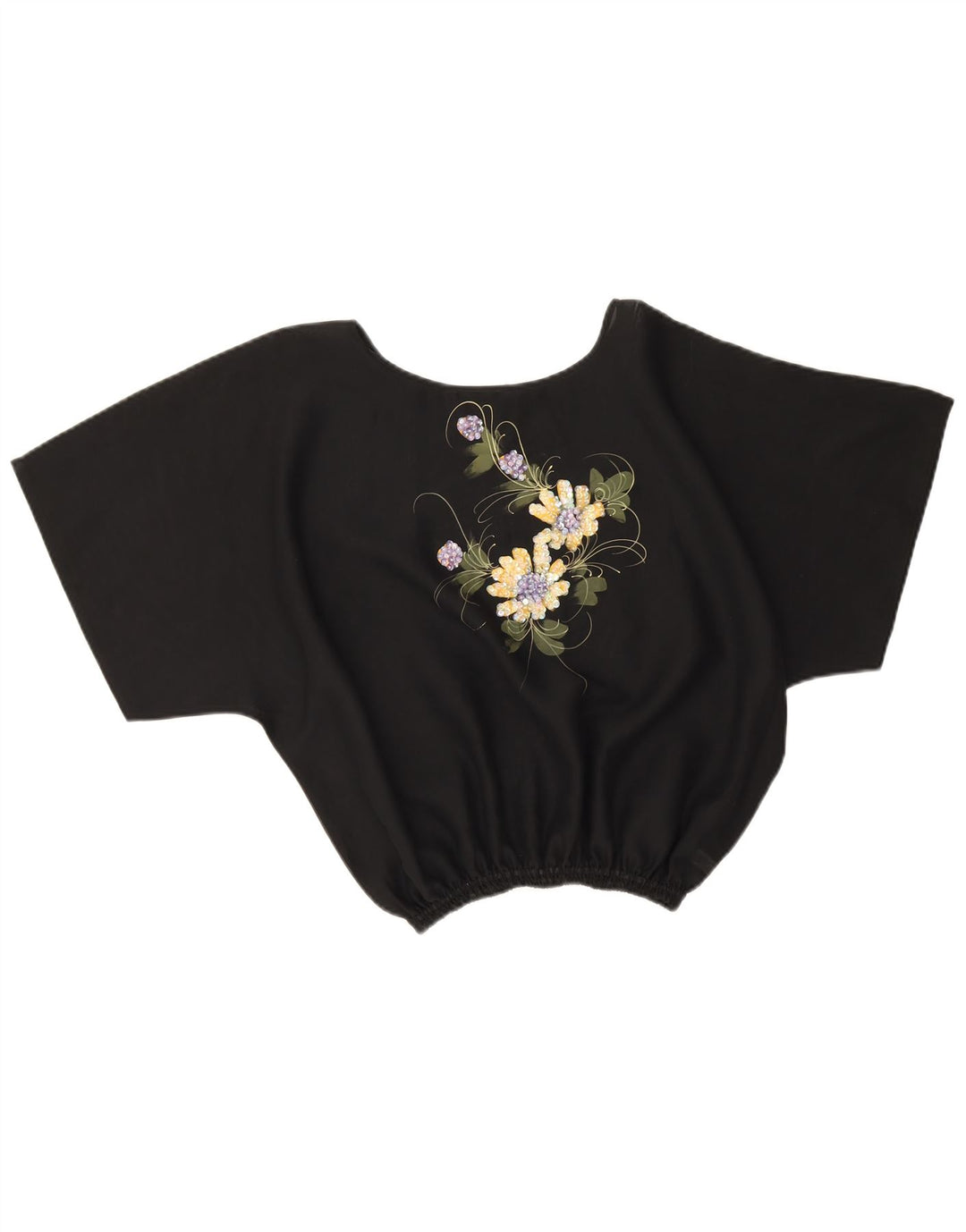 Vintage Γυναικεία Crop Μπλούζα Τοπ UK 16 Large Black Floral Polyester