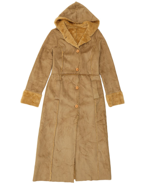 Vintage Womens Sherpa Faux Suede Overcoat UK 10 Small Brown Polyester