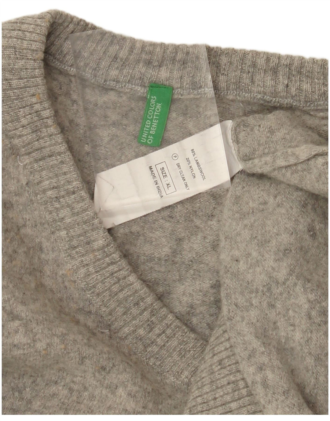 BENETTON Γυναικείο πουλόβερ με V λαιμόκοψη UK 18 XL Γκρι Lambswool