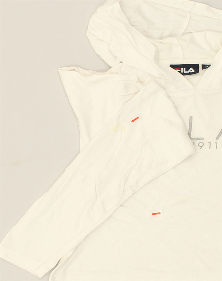 FILA Womens Crop Graphic Hoodie Jumper UK 14 Medium White Cotton | Vintage Fila | Thrift | Second-Hand Fila | Used Clothing | Messina Hembry 
