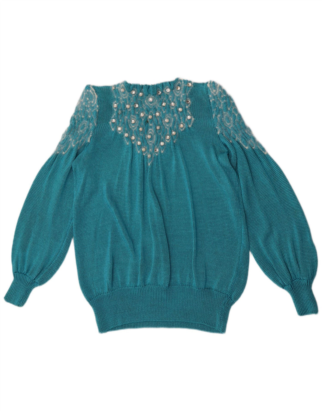 Vintage γυναικείο Abstract Pattern πουλόβερ με λαιμόκοψη UK 14 Large Blue