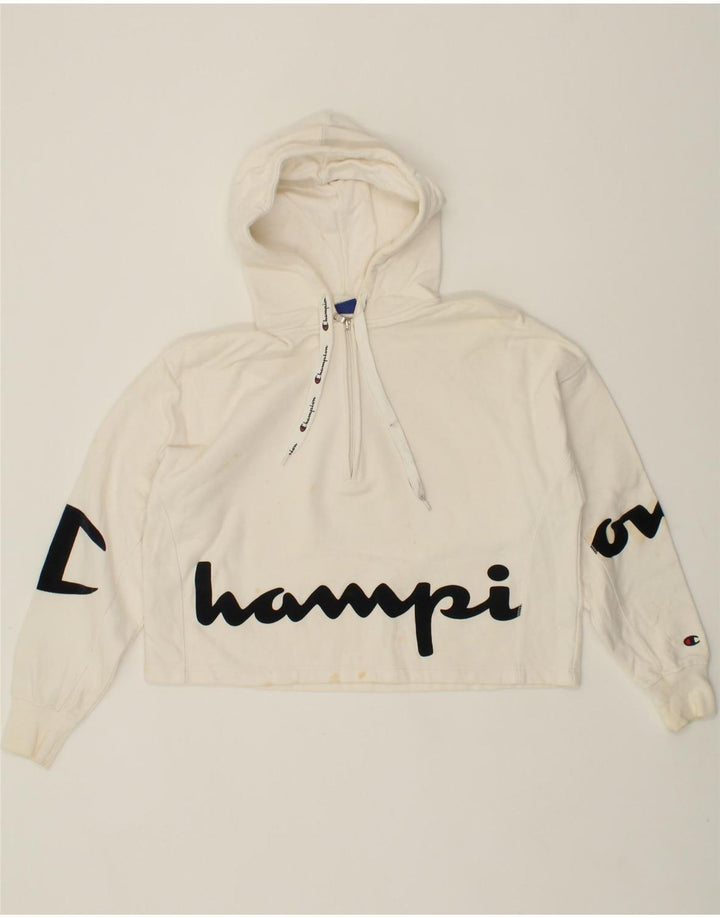 CHAMPION Womens Oversized Graphic Crop Hoodie Jumper UK 14 Medium White Vintage Champion and Second-Hand Champion from Messina Hembry 