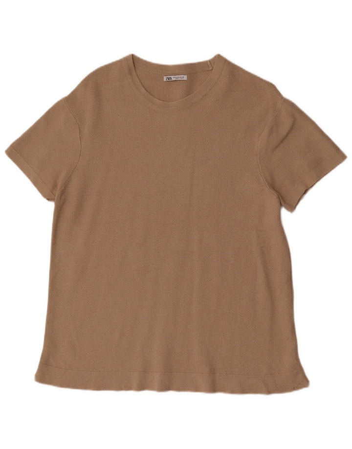 Ανδρικό κοντομάνικο T-Shirt Zara Τοπ μεσαίο καφέ βαμβακερό