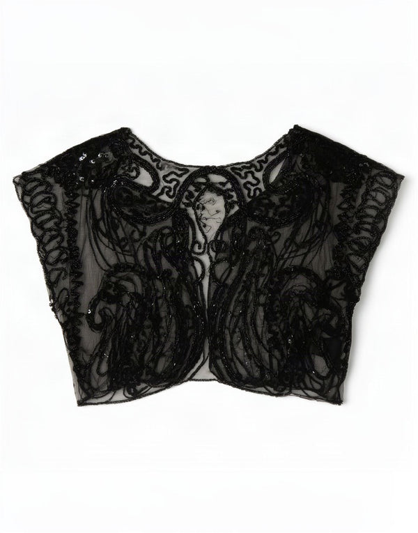 Vintage Womens Crop Αμάνικο See Through Top UK 8 Small Black Paisley