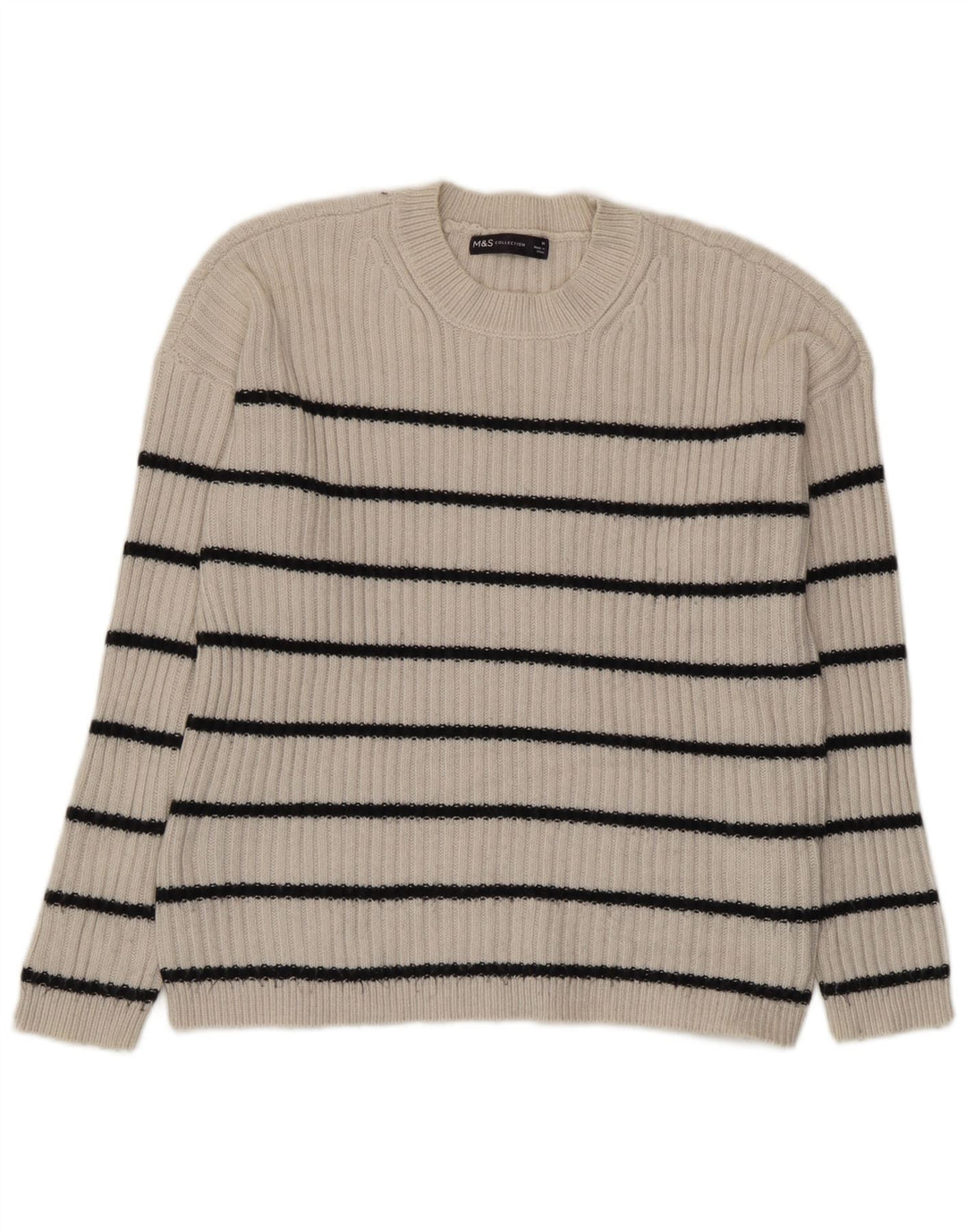 Marks & Spencer Γυναικείο πουλόβερ με λαιμόκοψη UK 14 Medium Beige ριγέ