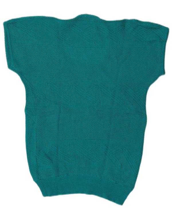 Vintage γυναικείο κοντομάνικο πουλόβερ με λαιμόκαυστο UK 12 μεσαίο τιρκουάζ