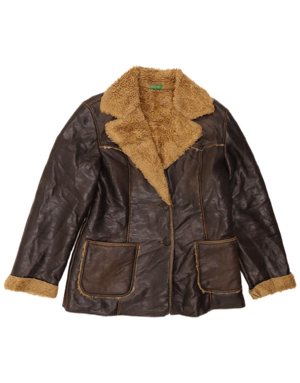 Benetton Womens Faux Leather Sherpa Jacket IT 46 Large Brown Polyacrylic