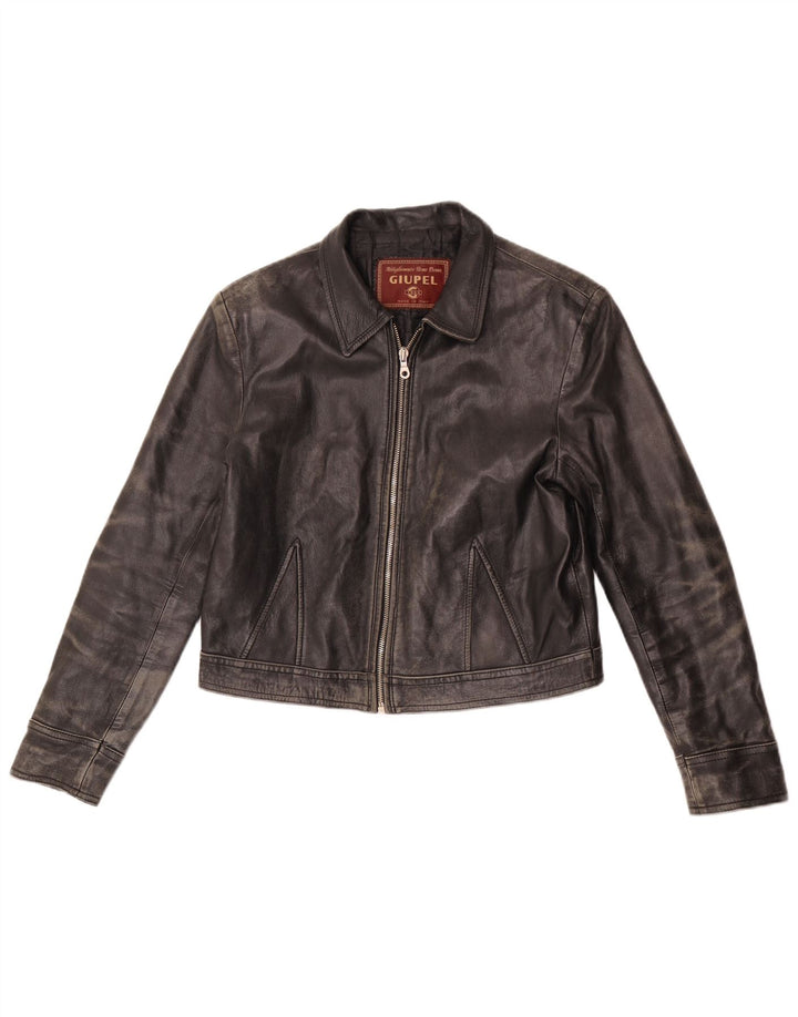 Vintage Γυναικείο Crop Δερμάτινο Μπουφάν UK 14 Medium Black Leather