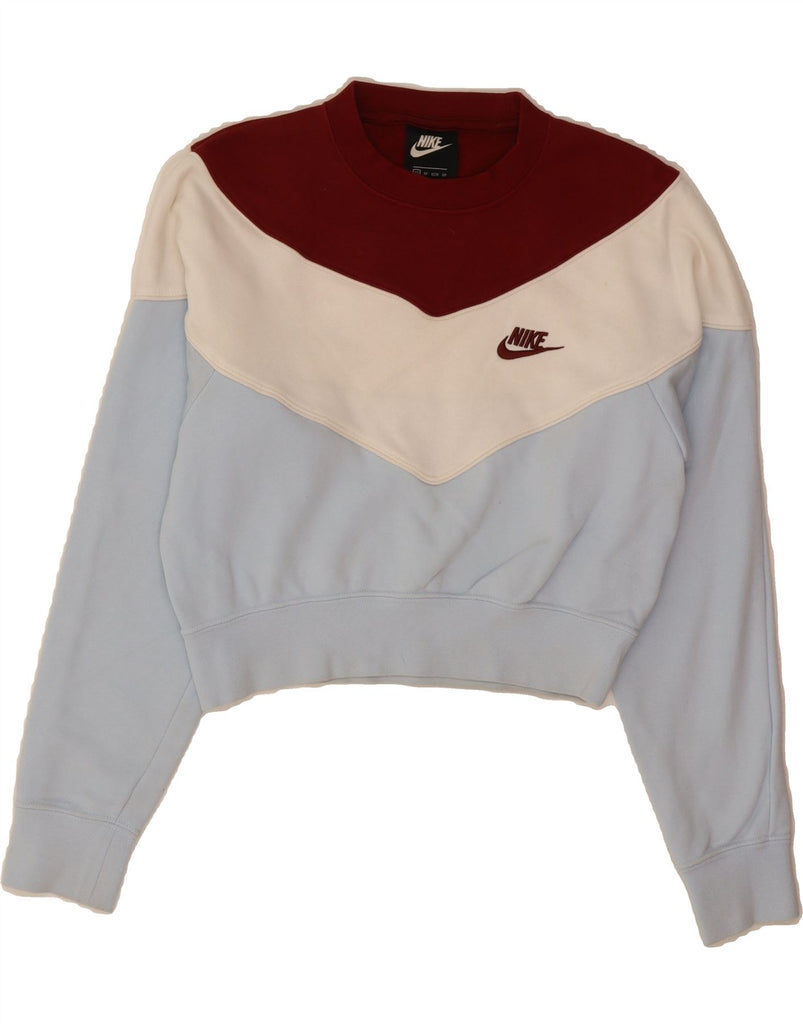 NIKE Womens Oversized Crop Sweatshirt Jumper UK 6 XS Blue Colourblock Vintage Nike and Second-Hand Nike from Messina Hembry 