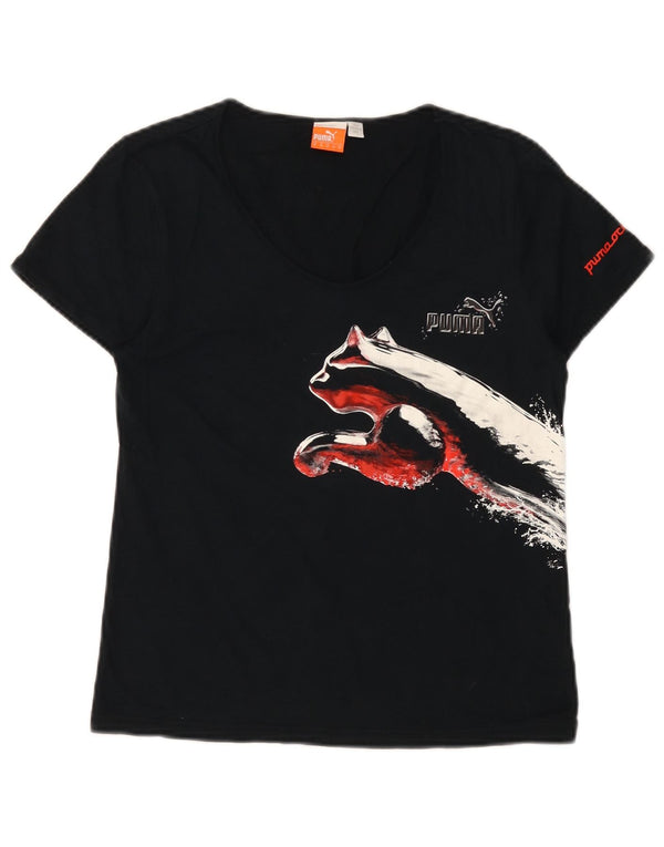 Γυναικείο γραφικό μπλουζάκι Puma τοπ βρετανικό 12 μεσαίο ναυτικό μπλε βαμβακερό