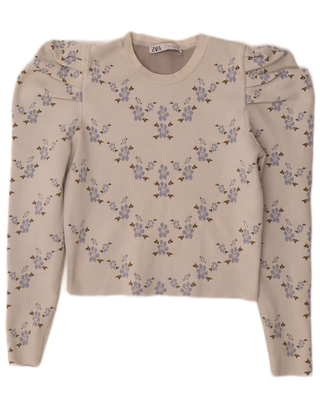 ZARA Womens Crop Top Long Sleeve UK 12 Medium Off White Floral Polyester