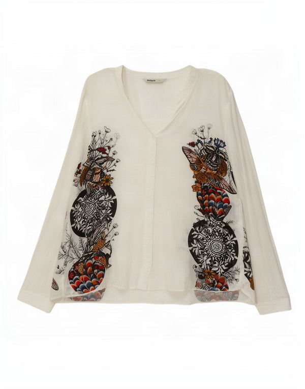Desigual Γυναικείο γραφικό πουκάμισο μπλούζα UK 18 XL Λευκή φλοράλ βισκόζη